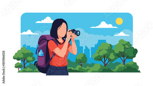 Modern vector illustration of solo traveler taking photos, sightseeing and urban exploration concept ideal for tourism, blogging, and travel lifestyle visuals