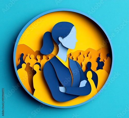 Abstract paper cut of a woman leader with arms crossed in front, a crowd behind her, against a blue background with yellow colors, in a flat design illustration, in a circular shape, with high resolut