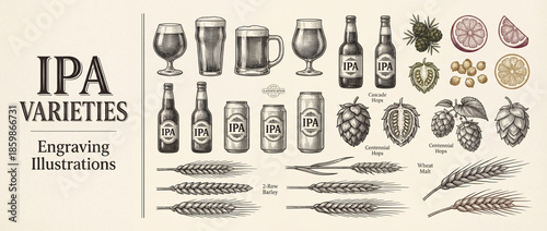 Wallpaper Mural Unique engraved illustrations showcasing a premium collection of IPA varieties with hops, barley, and refreshing beverages Torontodigital.ca