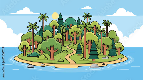 Lush green cartoon island tropical paradise with diverse trees, winding path, blue ocean, sunny sky, fluffy clouds, vibrant natural landscape design