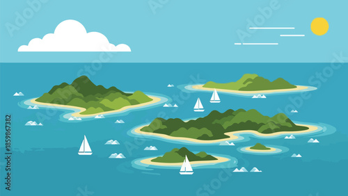 Vibrant flat design illustration of a serene tropical archipelago with sailboats gliding under a bright sun