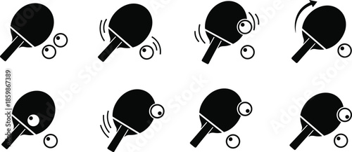Table tennis paddle and ball vector illustration set, showing ping pong stroke motion icons isolated on white background for sport training design