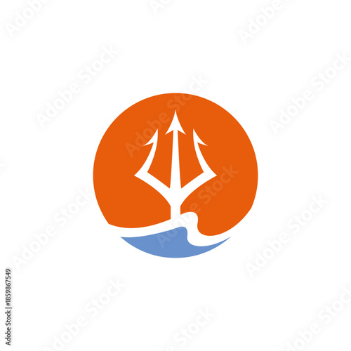 trident logo with waves and sun in flat design concept