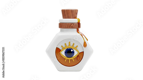 Hexagonal Potion Bottle with All-Seeing Eye and Dripping Amber Liquid