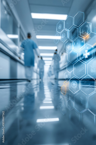Medical staff walking in a modern hospital corridor with a futuristic digital interface overlay.