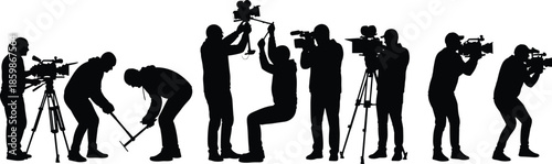 Video production crew silhouettes vector illustration, cameramen filming with professional equipment, movie making journalism broadcasting concept, cinematic teamwork design, studio industry