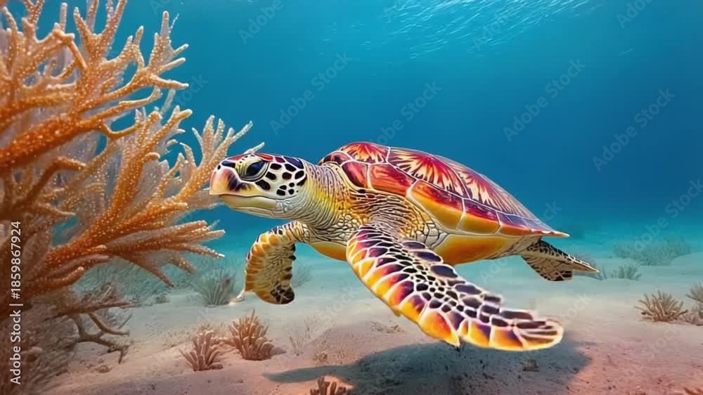 custom made wallpaper toronto digitalA graceful sea turtle swims past a delicate coral branch in crystal clear blue ocean water, with sandy seabed and soft light.