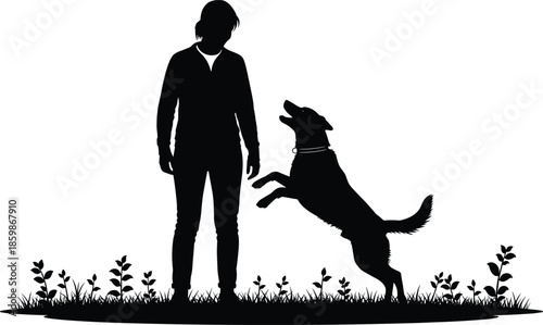 Woman training and playing with dog silhouette vector illustration, pet obedience and companionship moment outdoors, human animal bond concept, playful lifestyle scene