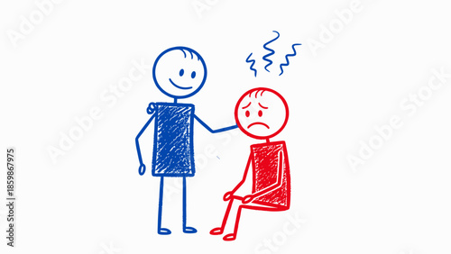 A compassionate blue stick figure offers comfort and emotional support to a distressed red stick figure, symbolizing empathy, friendship, and overcoming sadness