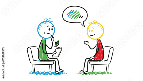 Vibrant stick figures depicting a counseling session or a thoughtful conversation, illustrating communication, problem-solving, and emotional support between two individuals