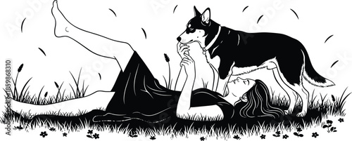 WebWoman relaxing with dog in grass silhouette vector illustration, peaceful human animal bond and pet companionship concept in serene outdoor nature scene