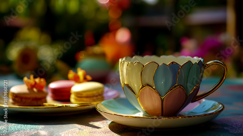 Photo of a pastel-colored ceramic lotus cup and saucer, with a golden rim, on a tabletop view. In front, there is a plate with three items on it.
