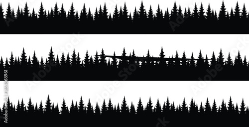 Pine forest silhouette border collection, dense evergreen tree landscape horizons for nature backgrounds, black woodland scenery vector illustration set