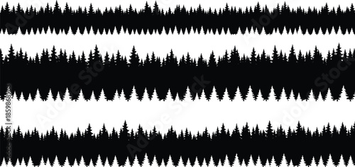 Pine forest silhouettes vector illustration set, seamless tree border collection for nature landscapes, woodland horizons and outdoor background design elements, black isolated on white background