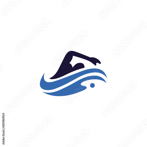 swimmer logo with blue waves in flat vector design style