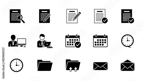 Business and office icons representing tasks, planning, organization, and communication for digital and print use
