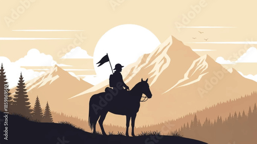 A lone rider on horseback proudly holding a flag against a majestic mountainous landscape at sunrise
