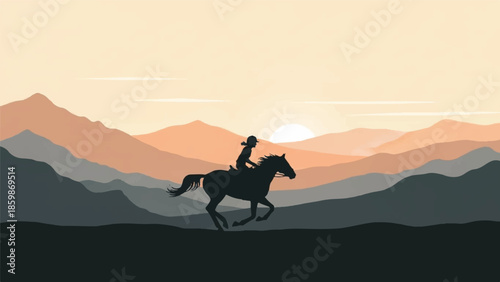 A lone rider on horseback gallops across a serene mountainous landscape at sunset from a distant viewpoint