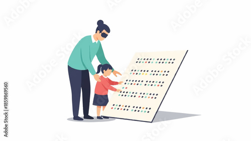 A mother and child examining an eye chart together, standing beside a large visual acuity test