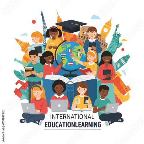 Diverse students learning together around the world with technology and educational resources