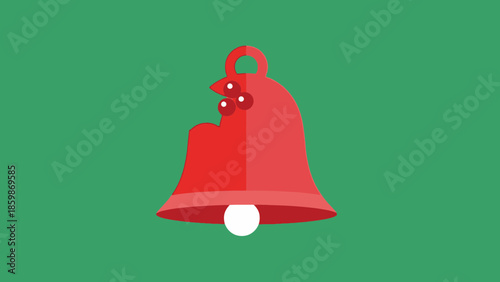 A stylized red Christmas bell with a loop at the top and a white clapper hanging inside, set against a solid green background.