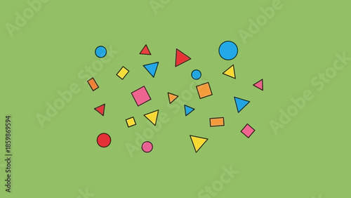 A vibrant collection of colorful geometric shapes scattered across a plain green background.