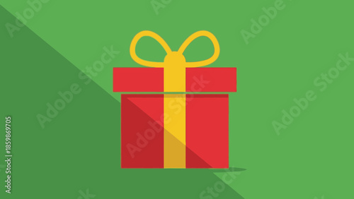 A flat design illustration of a red gift box with a yellow ribbon and bow on a green background with a long shadow.
