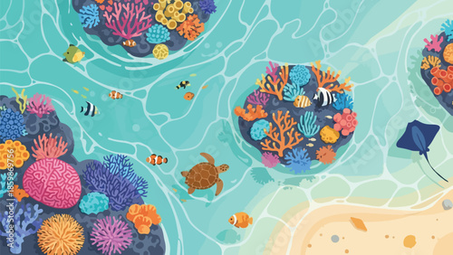 Lush marine seascape with intricate coral reefs and various ocean dwellers