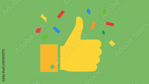 A bright yellow thumb up symbol with colorful confetti exploding around it on a green background.