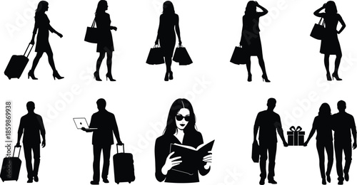 People silhouettes vector illustration set, shopping, travel and lifestyle activities collection, men and women carrying bags, modern urban characters isolated on white background