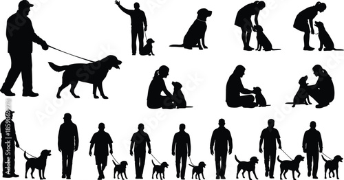 People with dogs silhouettes collection isolated on white background, walking training and pet care scenes with humans and canine companions, black vector illustration set