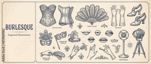 Wallpaper Mural Elegant vintage collection of engraved burlesque illustrations featuring masks, corsets, and glamorous accessories Torontodigital.ca