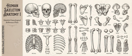 Detailed exploration of human skeleton anatomy featuring engraved elements from a vintage collection to enhance understanding of bone structure