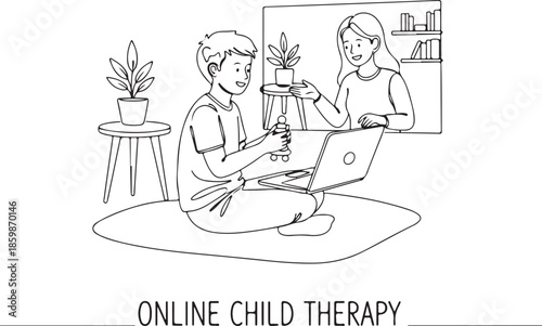 Online Child Therapy Session or Remote Telehealth Counseling for Kids Young Boy Engages with a Psychologist via Laptop Video Call at Home.