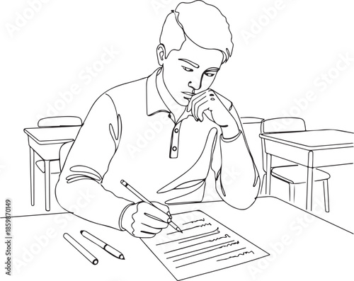 Minimalist Continuous Line Drawing of a Thoughtful Student Writing on Paper, Studying, or Taking an Exam in a Classroom Setting.