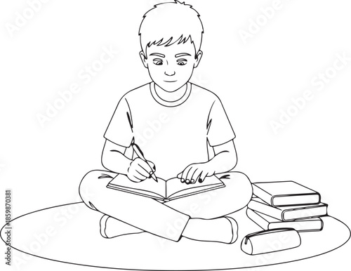 Young boy studying diligently, sitting on the floor and writing in a notebook or journal, surrounded by school books and a pencil case. A child doing homework or engaging in educational activities.