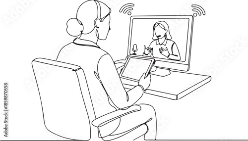 Continuous Line Drawing of Woman Attending Online Video Conference or Virtual Meeting with Computer Monitor and Tablet, Remote Work Concept.