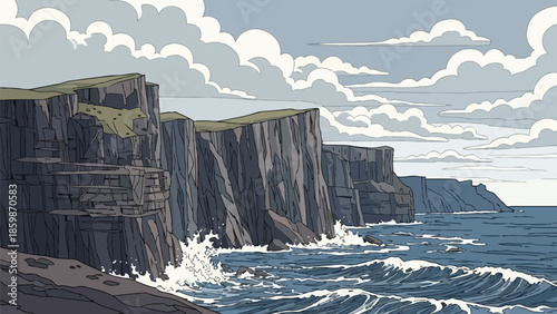 Coastal cliffs under a dramatic sky with powerful ocean waves crashing against the rocky shores, an illustrated seascape captures serene natural
