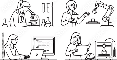 Diverse Women in STEM Careers Female scientists, engineers, and tech professionals working in laboratories, with robotics, coding, and 3D printing, representing innovation and research in various fie
