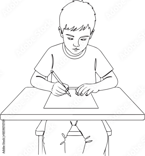  Line art illustration of a young boy sitting at a desk, focused on writing or drawing on paper with a pencil, depicting childhood learning, school, or homework