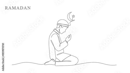 Ramadan prayer, man kneeling with crescent moon and star, single line art