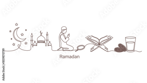 Ramadan Symbols: Moon, Mosque, Praying Man, Quran, Dates, Water Glass, Continuous Line Art