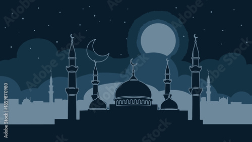 Silhouette of Mosque at Night with Moon and Stars, Islamic Architecture