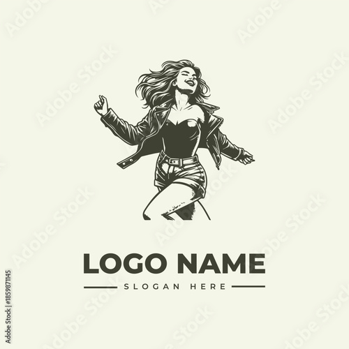 A dynamic woman in a vintage engraving style logo design with a black and white color scheme, incorporating a leather jacket and a short skirt, against a clean white background.