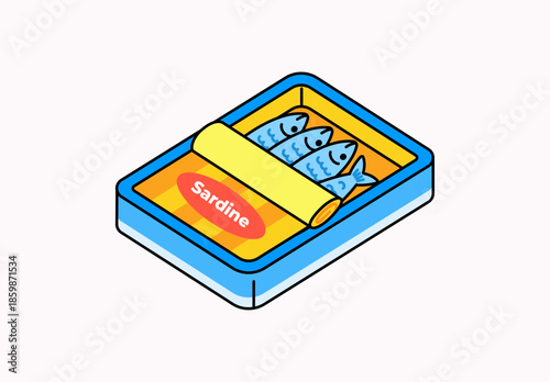 Flat illustration of an open sardine can with smiling fish inside. Colorful hand drawn vector style, perfect for food, seafood, packaging, and cartoon design concepts