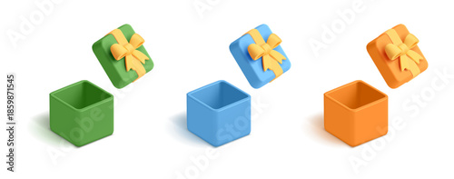 Set of open empty gift boxes, 3D. Template of boxes on white background for birthday, Christmas, Holidays concepts. Vector illustration.