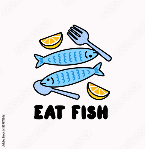 Playful illustration of fish with fork, spoon, and lemon slices promoting healthy eating. Cute cartoon vector style perfect for food posters, nutrition content, menus, and lifestyle designs.