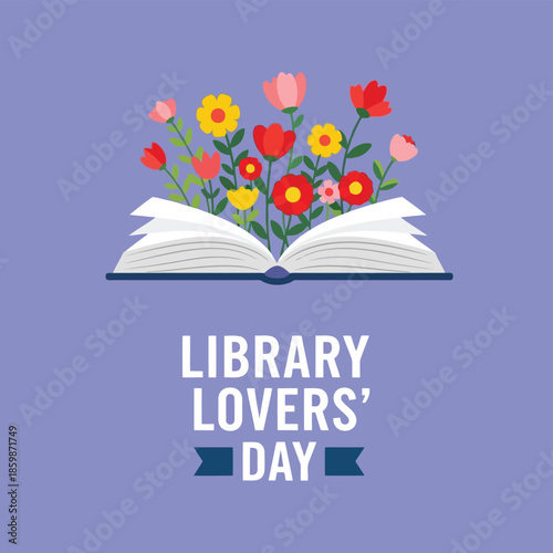 Library lovers' day open book with colorful flowers illustration. reading, education, knowledge.