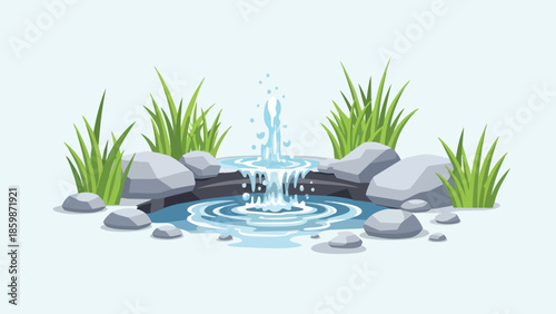 Lush green foliage and smooth grey stones embrace a gentle water fountain with rippling cool aqua surface