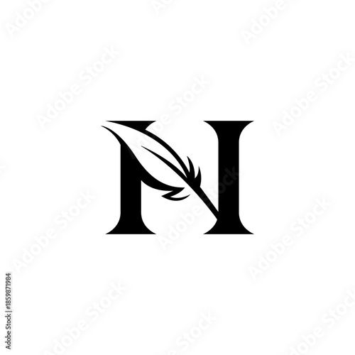 notary logo with letter N and quill pen in flat vector design style
